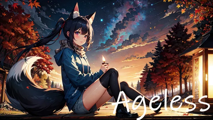 well defined female,fox ears,fox tail,sitting on a bench,thighhighs,shorts,hoodie with design,scarf,long messy shiny dark blue hair,long messy twintails,deep in the forest,autumn,windy,lanterns,night sky,night,
