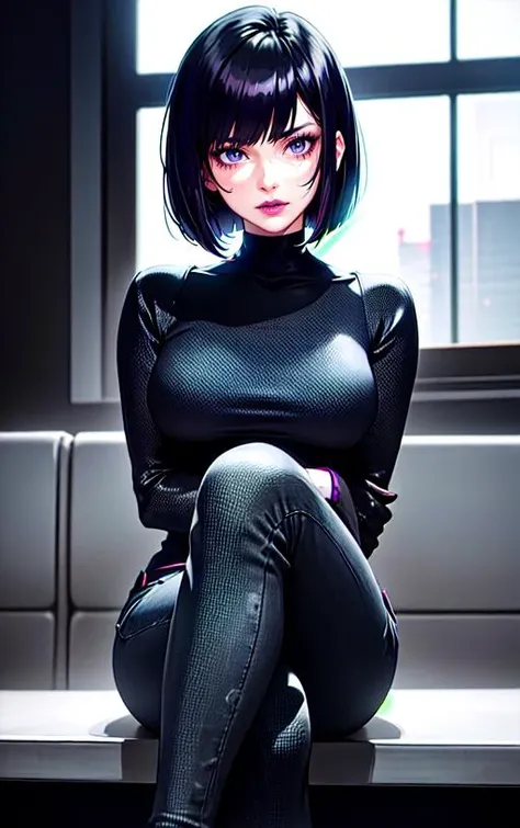 (sitting:1.5),(cross_legs:1.5),(dark_gray_jeans:1.5),(black_body_suit:1.5),(straight_bob_cut:1.5), (kusanagi_motoko),makeup, realistic, short_hair, 1girl,solo, (cyberpunk:1.2),masterpiece, best quality, ultra high res,(photo realistic:1.2), (solo:1), (symmetrical eyes:1.2), (brown clear eyes:1.0), (slim face:1.2), (straight short black hair), (28 years old:1.0), collarbone,(cute),(face_pink_cheek:1.2),(dark_violet_lip:1.2),(slim_body:0.1)