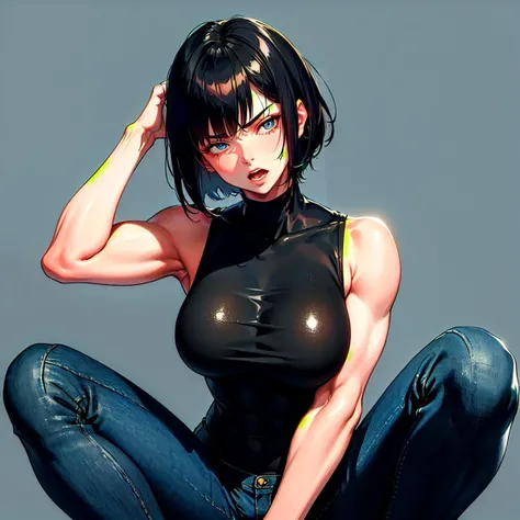 (simple_background:2),(straight_bob_cut:1.5), (kusanagi_motoko),makeup, realistic, short_hair, 1girl,solo, (cyberpunk:1.2),masterpiece, best quality, ultra high res,(photo realistic:1.2), (solo:1), (symmetrical eyes:1.2), (brown clear eyes:1.0), (slim face:1.2), (straight short black hair), (28 years old:1.0), collarbone,(cute),(face_pink_cheek:1.2),(dark_violet_lip:1.2),(slim_body:0.1), (squatting,spread_legs:1.5),(pull_up_manhole:1.5),(light_blue_jeans:1.5),(black_highneck_full_body_suit:1.5),(short_sleeve:1.5),(angry:1.2),(open_mouth,shout:1.5),(side_view:1.5),(black_lofer:1.5),(muscle:1.8),(fists:1.5),(look_down,face_down:1.5),(upper_body:1.5),(random_posing:1.5)