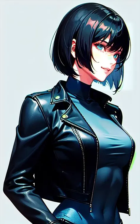 (straight_bob_cut:1.5), (kusanagi_motoko),makeup, realistic, short_hair, 1girl,solo, (cyberpunk:1.2),masterpiece, best quality, ultra high res,(photo realistic:1.2), (solo:1), (symmetrical eyes:1.2), (brown clear eyes:1.0), (slim face:1.2), (straight short black hair), (28 years old:1.0), collarbone,(cute),(face_pink_cheek:1.2),(dark_violet_lip:1.2),(slim_body:0.1), (smile:1.4), (light_blue_jeans:1.5),(black_highneck_full_body_suit:1.5),(upper_body:1.5),(walking:1.5), (simple_background:1.5),(black_cropped_leather_jacket:1.5),(side_view:1.5)