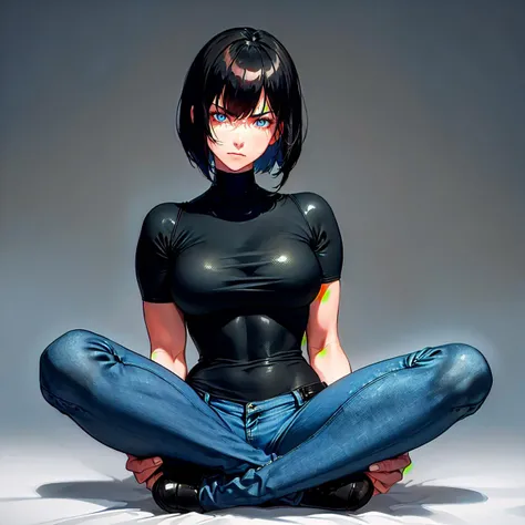 (simple_background:2),(straight_bob_cut:1.5), (kusanagi_motoko),makeup, realistic, short_hair, 1girl,solo, (cyberpunk:1.2),masterpiece, best quality, ultra high res,(photo realistic:1.2), (solo:1), (symmetrical eyes:1.2), (brown clear eyes:1.0), (slim face:1.2), (straight short black hair), (28 years old:1.0), collarbone,(cute),(face_pink_cheek:1.2),(dark_violet_lip:1.2),(slim_body:0.1), (sitting,spread_legs:1.5),(light_blue_jeans:1.5),(black_highneck_full_body_suit:1.5),(short_sleeve:1.5),(angry,glare:1.5),(front_view:1.5),(black_lofer:1.5),(muscle:1.5),(look_down,face_down:1.5)