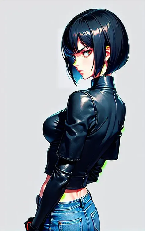 (simple_background:1.5),(straight_bob_cut:1.5), (kusanagi_motoko),makeup, realistic, short_hair, 1girl,solo, (cyberpunk:1.2),masterpiece, best quality, ultra high res,(photo realistic:1.2), (solo:1), (symmetrical eyes:1.2), (brown clear eyes:1.0), (slim face:1.2), (straight short black hair), (28 years old:1.0), collarbone,(cute),(face_pink_cheek:1.2),(dark_violet_lip:1.2),(slim_body:0.1), (upper_body:1.5),(light_blue_jeans:1.5),(black_highneck_full_body_suit:1.5),(short_sleeve:1.5),(angry:1.2),(back_view:1.5),(arm_muscle:1.8),(fists:1.5),(black_cropped_leather_jacket:1.5)