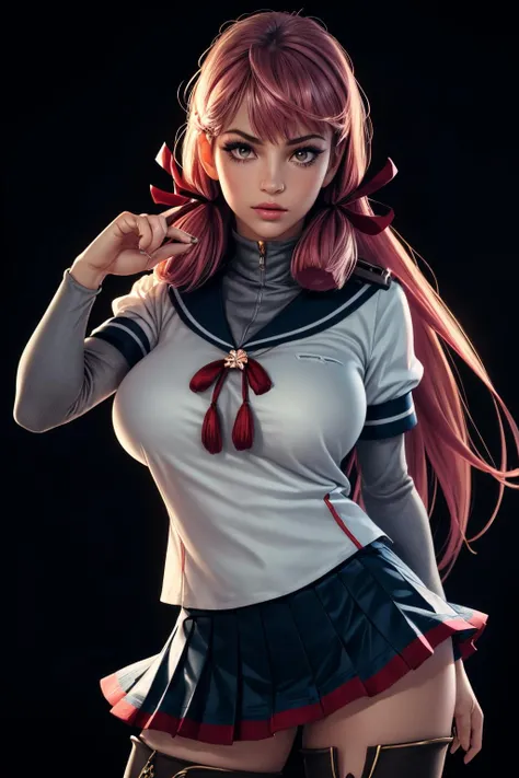 Best Quality, Realistic, Realistic, Award-Winning Illustrations, (Intricate Details: 1.2), (Fine Details), (Intricate Details), (Cinematic Light, Best Quality Backlight), Clear Lines, Sharp Focus, Official Art, Unity 8k Wallpaper, Ridiculous, Incredibly Ridiculous, Fantasy Art, RTX,long hair, 1girl, hair ornament, twintails, solo, breasts, blue eyes, cleavage, bow, bear hair ornament, necktie, blonde hair, smile, bangs, large breasts, looking at viewer, collarbone, shirt, nail polish, red bow, black shirt, underwear, bra, skirt, choker, black bra, sleeves rolled up, white necktie, red nails, open mouth, pleated skirt, red skirt, shiny, teeth, medium breasts, miniskirt, shiny hair, upper body, school uniform, pink hair, boots, upper teeth only, plaid skirt, blush, knee boots, plaid, black footwear, cross-laced footwear, junko enoshima 