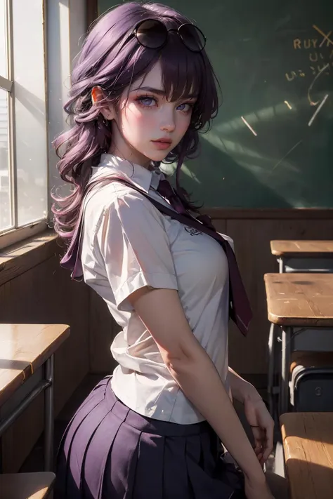 realistic,( photo-realistic), ultra hires, (masterpiece, top quality, best quality, official art, beautiful and aesthetic, raw photo:1.4),(high detailed skin:1.2), ultra realistic, 32k,
1girl, <lora:Kafka_v26:0.9>,kafka, purple eyes, purple hair, eyewear on head, sunglasses, narrow waist, dynamic pose, dynamic angle,
(school uniform:1.2),
