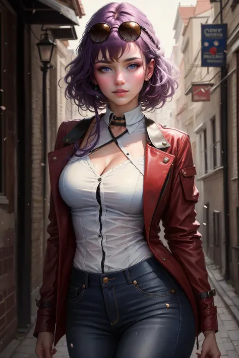 (masterpiece,best quality:1.5), 1 girl cowboy shot, purple eyes, purple hair, eyewear on head, sunglasses, <lora:Kafka_v26 (1):0.7>, ultra realistic,32k,RAW photo,(high detailed skin:1.2), 8k uhd, dslr, soft lighting, high quality, film grain