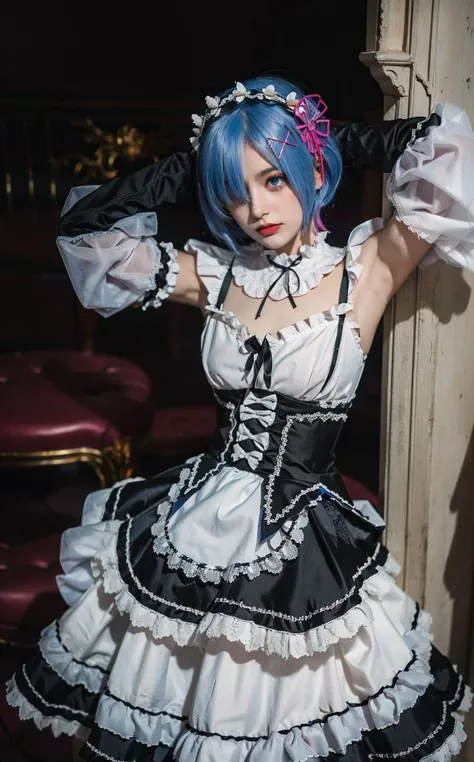 R_E_M, 1girl,(beautiful face:1.25) short blue hair, blue eyes, hair over one eye, hair ornament, pink hair ribbon, rem's maid uniform, detached sleeves, (realistic:1.7),((best quality)),absurdres,(ultra high res),(photorealistic:1.6),photorealistic,octane render,(hyperrealistic:1.2), (photorealistic face:1.2), (8k), (4k), (Masterpiece),(realistic skin texture), (illustration, cinematic lighting,wallpaper),( beautiful eyes:1.2),((((perfect face)))),(cute),(standing),((looking at viewer)),(dynamic pose:1.3), upper body, standing,indoors, living room, sofa, tables, window