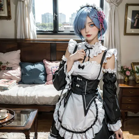 <lora:Rem:0.7>,R_E_M, 1girl,(beautiful face:1.25) short blue hair, blue eyes, hair over one eye, hair ornament, pink hair ribbon, rem's maid uniform, detached sleeves, upper body, standing,indoors, living room, sofa, tables, window