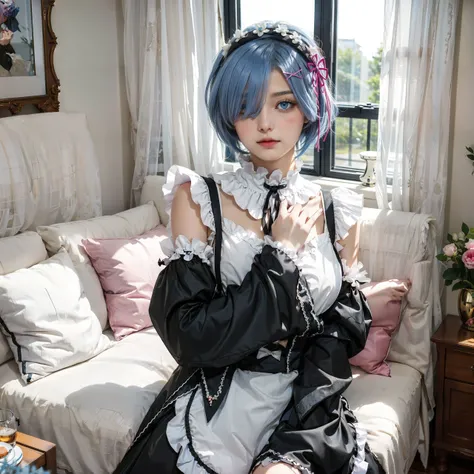 <lora:Rem:0.7>,R_E_M, 1girl,(beautiful face) short blue hair, blue eyes, hair over one eye, hair ornament, pink hair ribbon, rem's maid uniform, detached sleeves, upper body, standing,indoors, living room, sofa, tables, window
