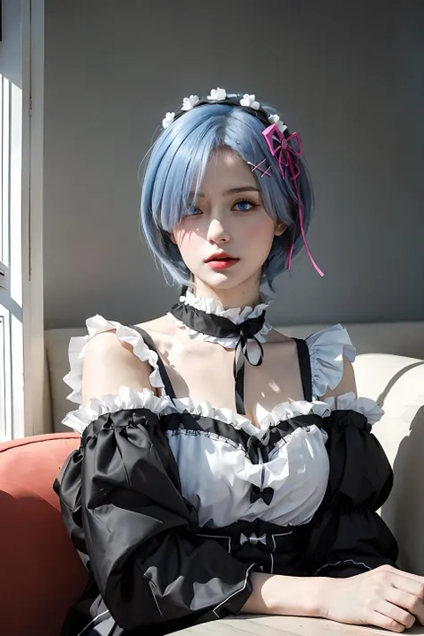 <lora:Rem:0.7>,R_E_M, 1girl,(beautiful face:1.25) short blue hair, blue eyes, hair over one eye, hair ornament, pink hair ribbon, rem's maid uniform, detached sleeves, (realistic:1.7),((best quality)),absurdres,(ultra high res),(photorealistic:1.6),photorealistic,octane render,(hyperrealistic:1.2), (photorealistic face:1.2), (8k), (4k), (Masterpiece),(realistic skin texture), (illustration, cinematic lighting,wallpaper),( beautiful eyes:1.2),((((perfect face)))),(cute),(standing),((looking at viewer)),(dynamic pose:1.3), upper body, standing,indoors, living room, sofa, tables, window