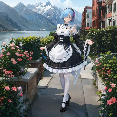 <lora:Rem:0.7>,R_E_M, ((beautiful face)),1girl,short blue hair, blue eyes, hair over one eye, hair ornament, pink hair ribbon,standing,rem's maid uniform, detached sleeves, white lace legwear,standing, full body, outdoors, lake, mountains, streets, flowers,