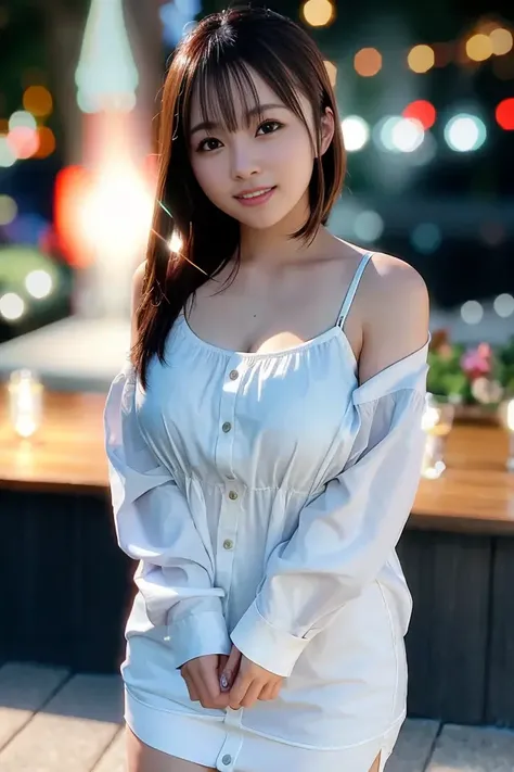 (skin blemish:1.2), (skindentation), black eye, 1woman, 25yo, (((woman))), solo, realistic, best quality, photorealistic, masterpiece, 8k, high res, solo, extremely detailed face, (professional lighting, bokeh), (light particles, lens flare, glowing particles:0.6), (dynamic pose:1.2), soft lighting, top angle view, fashionable and trendy atmosphere, japan, street, tokyo, harbour, skytree, tokyo tower, ((daytime)), sky, ((looking at the viewer:1)), (looking at the camera),(portrait:0.6), cowboy shot, gorgeous, standing, keep original facial proportion, wide shoulder, full body, (medium breast), (medium hair), brown hair, floating hair, lips, lipstick, seductive smile, floating hair, smile, open_mouth, teeth, blouse, (flowery pattern summer dress:1), eyelashes, mole, (mole under eye:1), <lora:AV_KawaiiA_V3:0.75>