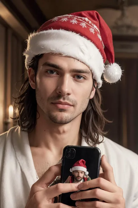 (masterpiece, high quality, best quality:1.3),
(male), a man in a Christmas hat holding a cell phone
extremely detailed, extremely intricate, fine texture, Extremely high-resolution details, detailed hair, sharp focus <lora:Zerk_Cellphone_Pose:0.4>