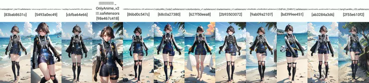 qinnuo, asymmetrical_sleeves, shorts, bodysuit, pelvic_curtain, holster, toeless_legwear, no_shoes, black_gloves, headgear, ahoge, grey_eyes, short_hair, low_twin_braids, white_streaked_hair, looking at viewer, standing, full_body, beach, ocean, blue_sky, dappled sunlight, (masterpiece,best quality,beautiful and aesthetic:1.2), <lora:qinnuo-v1c:0.8>
