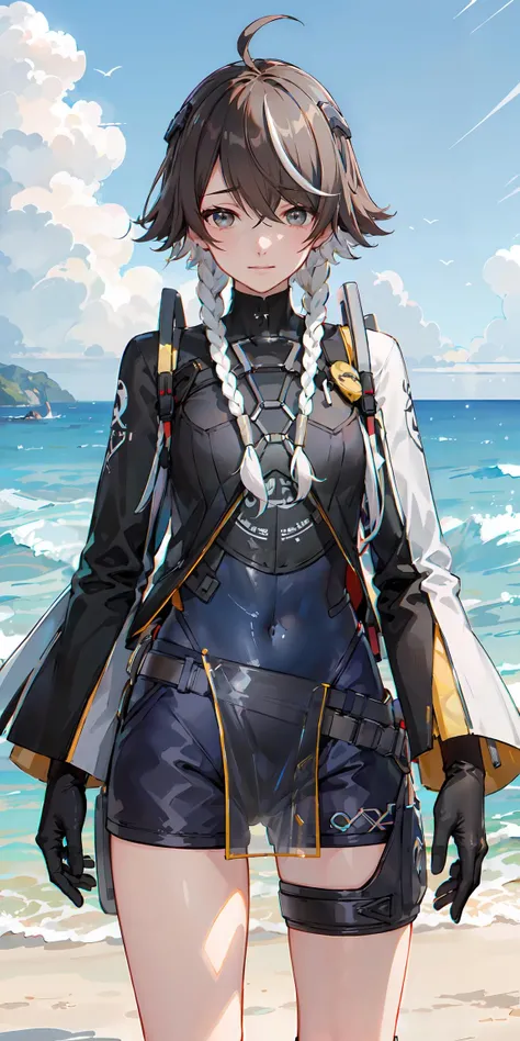 qinnuo, asymmetrical_sleeves, shorts, bodysuit, pelvic_curtain, holster, toeless_legwear, no_shoes, black_gloves, headgear, ahoge, grey_eyes, short_hair, low_twin_braids, white_streaked_hair, looking at viewer, standing, cowboy shot, beach, ocean, blue_sky, dappled sunlight, (masterpiece,best quality,beautiful and aesthetic:1.2), <lora:qinnuo-v1c:0.8>