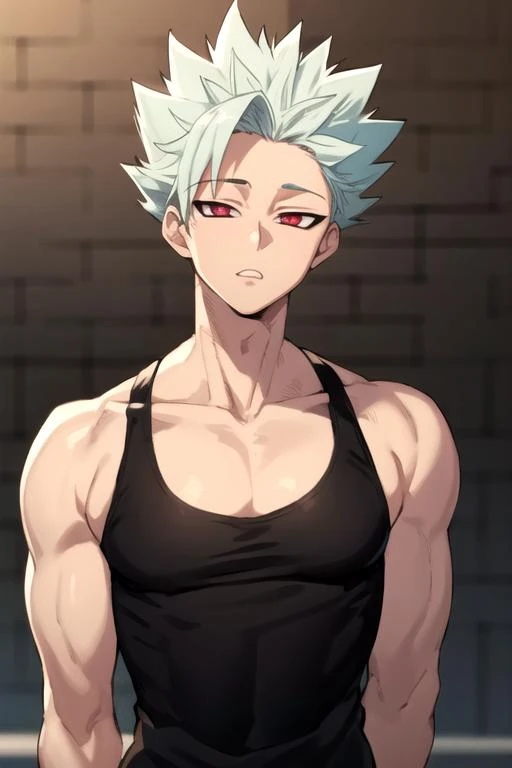 masterpiece, best quality, high quality, 1boy, solo, male focus, looking at viewer, upper body, asta, green eyes, headband, grey hair, spiked hair, slim body, medium body, armpit, show his armpit, sleeveless shirt, realistic