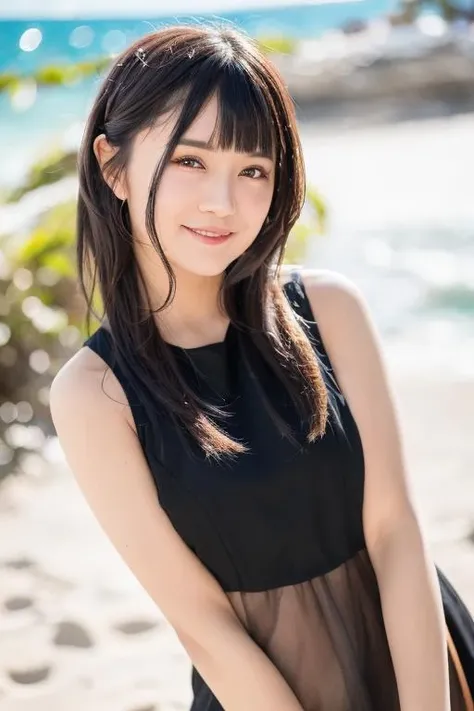 1girl, (wearing a sleeveless dress:1.4),(RAW photo, best quality), (realistic, photo-realistic:1.4), masterpiece, an extremely delicate and beautiful, extremely detailed, 2k wallpaper, Amazing, finely detail, extremely detailed CG unity 8k wallpaper, ultra-detailed, highres, soft light, beautiful detailed girl, extremely detailed eyes and face, beautiful detailed nose, beautiful detailed eyes,cinematic lighting,(on the beach:1.6),perfect anatomy,slender body,smiling,(close up:1.6),(open eyes:1.4),(look at viewer),(front view:2.0),cinematic angle,(wavy short hair), (brown eyes:1.6), <lora:suzukianna_lora-01:0.8>