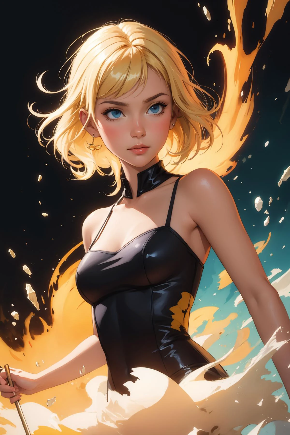 a painting of a confident woman with gorgeous blue eyes and blonde hair, watercolor splash, pin up art, fire punch, Random effects, Random Situation, in gouache detailed paintings, masterpiece illustration, by Adam MarczyÅski, yellow angel aura quartz, speedpaint, by senior character artist, stoya expressive oil painting, watercolor masterpiece, made with anime painter studio, inspired by Antonie Palamedesz, artwork