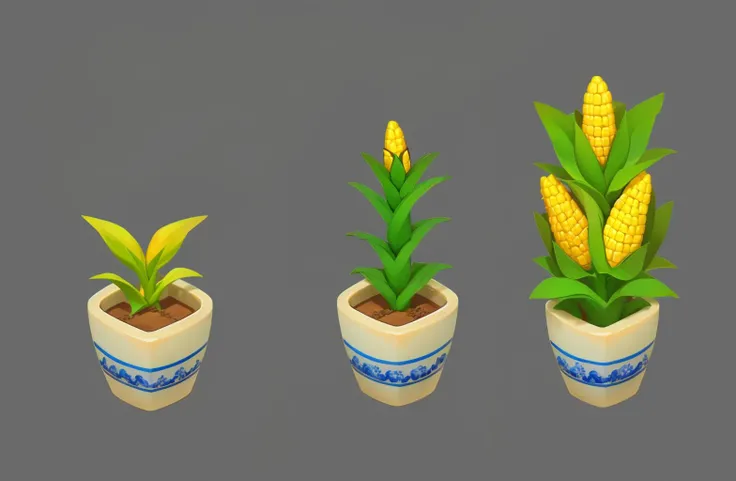 plant generation process, reference table, no human, plant, gray background, simple background, flower pot, still life, potted plant, corn, leaf<lora:zhiwushengzhang:1>,