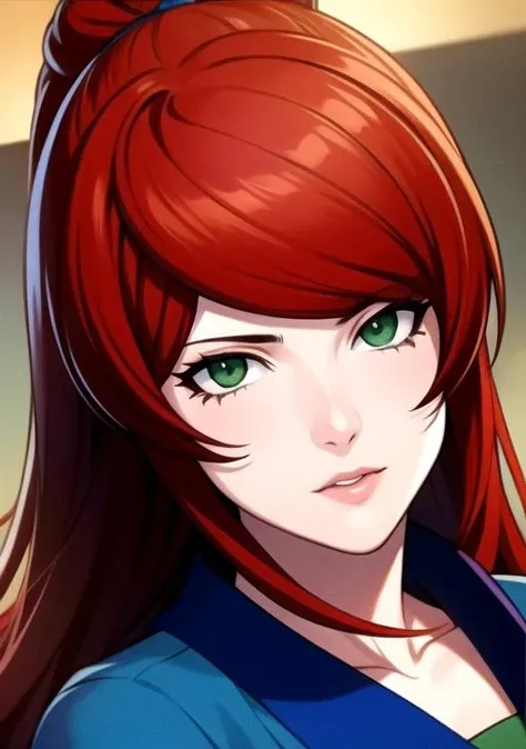 1girl, red hair, green eyes, blue dress, ((mei terumi)), detailed face, intrincate details, masterpiece, best quality, realistic, 4K, HDR, <lora:Mei_Terumi-09:0.5>
