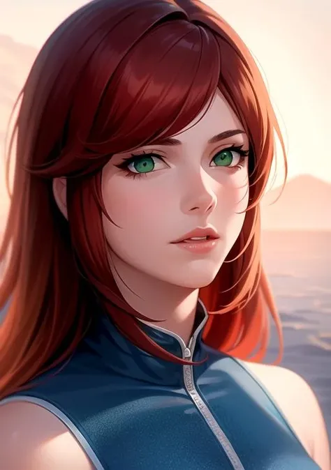 1girl, red hair, green eyes, blue dress, detailed face, intrincate details, masterpiece, best quality, realistic, 4K, HDR, <lora:Mei_Terumi-09:0.5>