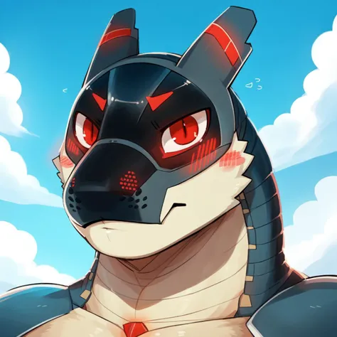Uploaded on E621, ultra-high detailed, absurd res, RAW photo, by oreocakes, (by RatonTheRaccoon,),((by milkytiger1145,by dendryte axxon,by k0bit0wani, by kiyosan, by jrjresq)),by takemoto arashi, cute, (sharp focus:1), beautiful cel shading, (red eyes, (digital media), (masterpiece), (8k), detailed background, cinematic, detailed eyes, (slit pupils), (black face), (blue skies), blue skies, slit pupils, detailed irises, male focus,(chubby handsome face:1.4), (red eyes:1.5), male focus, (detailed eyes), (detailed irises), (view to viewer), looking at viewer, (solo:1.2), ((perfect anatomy)), (full facial three quarter close up shot:1.3), blissful, (blushing), blushing, <lora:Synths-VaderFRL27:0.9> synth_(vader-san)