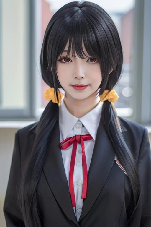 best quality, masterpiece, real,realistic, photo,photorealistic,cowboy shot,
1girl, tokisaki kurumi, jkxf,
solo, red eyes, hair over one eye, black hair, long hair, twintails, school uniform, looking at viewer, smile, blurry background, tokisaki kurumi, jacket, ribbon, blurry, hair ornament, upper body, closed mouth, black jacket, shirt, white shirt, bangs, lips, low twintails, collared shirt, long sleeves, very long hair, blazer,
<lora:tokisaki kurumi jkxf_v1_07:0.7>