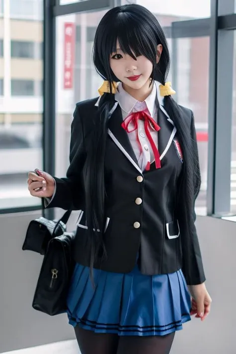 best quality, masterpiece, real,realistic, photo,photorealistic,cowboy shot, 
1girl, tokisaki kurumi, jkxf,
solo, school uniform, pantyhose, black hair, twintails, skirt, bag, long hair, black pantyhose, hair over one eye, tokisaki kurumi, red eyes, school bag, jacket, smile, looking at viewer, ribbon, blazer, pleated skirt, hair ornament, blue skirt, holding, low twintails, standing, lips, holding bag,
<lora:tokisaki kurumi jkxf_v1_07:0.7>