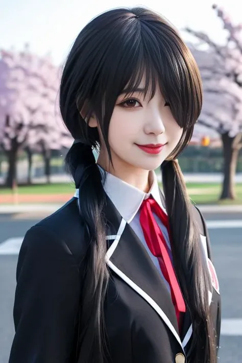 best quality, masterpiece, real,realistic, photo,photorealistic,cowboy shot,
1girl, tokisaki kurumi, jkxf,
solo, red eyes,(hair over one eye), black hair, long hair, twintails, school uniform, looking at viewer, smile,jacket, ribbon, hair ornament, smile, white shirt, bangs, lips, low twintails, collared shirt, long sleeves, very long hair, blazer,
outdoors,cherry forest, cherry blossoms, wind,petals,sunlight, petals,
<lora:tokisaki kurumi jkxf_v1_07:0.7>