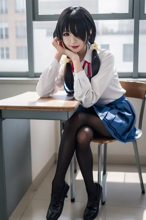 best quality, masterpiece, real,realistic, photo,photorealistic,cowboy shot,
1girl, tokisaki kurumi, jkxf,
solo, pantyhose, black hair, long hair, blue skirt, sitting, black footwear, twintails, shirt, hair over one eye, white shirt, table, school uniform, shoes, red ribbon, long sleeves, ribbon, indoors, neck ribbon, looking at viewer,loafers, brown pantyhose, pleated skirt, closed mouth, blurry background, blurry, collared shirt, bangs, low twintails, black pantyhose, brown eyes, red eyes, smile, lips, chair, crossed legs, head rest, shirt tucked in, very long hair,
<lora:tokisaki kurumi jkxf_v1_07:0.7>