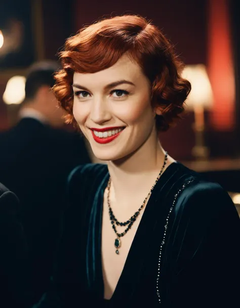 cinematic photo painting of a 1 9 2 0 s short - haired flapper ohwxbl woman in black satin gloves, red hair, smirking at the camera, at a jazz party in a dimly lit speakeasy, circa 1 9 2 4, colored edward hopper painting . 35mm photograph, film, bokeh, professional, 4k, highly detailed <lora:brittlower-ohwxbl:1>