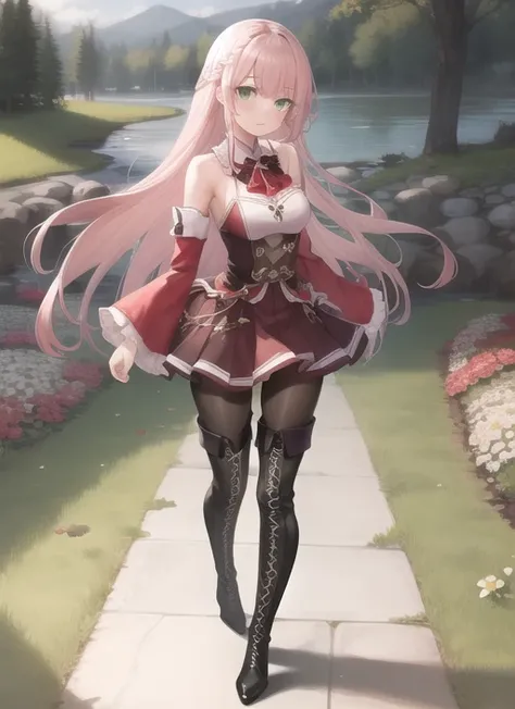 masterpiece, best quality, 1girl, fullbody, standing, Kou, long pink hair, green eyes, black pantyhose, detached sleeves, lace up boots, thigh boots, braid, garden, river