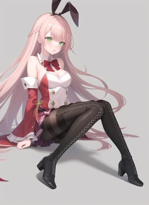 masterpiece, best quality, 1girl, fullbody, Kou, 1girl,long pink hair, green eyes, black pantyhose, detached sleeves, lace up boots, thigh boots, braid,