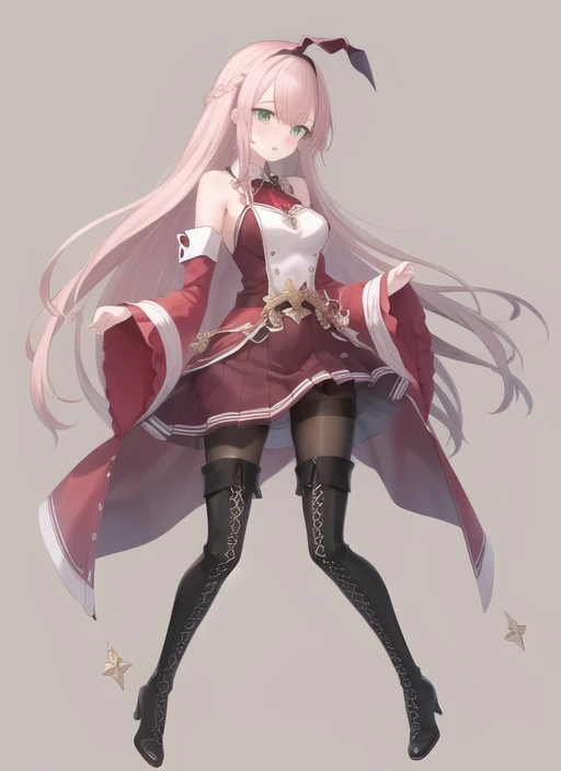 masterpiece, best quality, 1girl, fullbody, Kou, long pink hair, green eyes, black pantyhose, detached sleeves, lace up boots, thigh boots, braid,