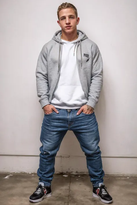 male focus, photo of <lora:MarcusMojo:0.75> MarcusMojo posing in front of a white wall wearing a fitted hoodie and jeans and sneakers, style of Terry Richardson, gritty urban aesthetic,