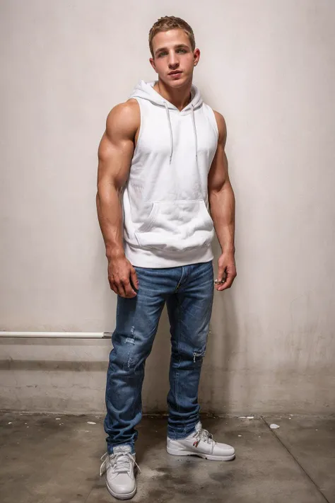 male focus, photo of <lora:MarcusMojo:0.75> MarcusMojo posing in front of a white wall wearing a fitted sleeveless hoodie and jeans and sneakers, style of Terry Richardson, gritty urban aesthetic, direct flash, harsh shadows and highlights, minimalist