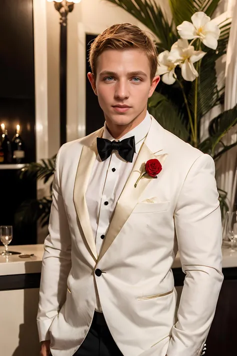 tropical theme bar in Miami Beach, short hair, suave MarcusMojo in dressed as James Bond, wearing (white dress shirt), (black bowtie), ((ivory dinner jacket)) buttoned, ((red flower on lapel)), black dress pants, reaching inside jacket, (medium body portrait) <lora:MarcusMojo:0.8>