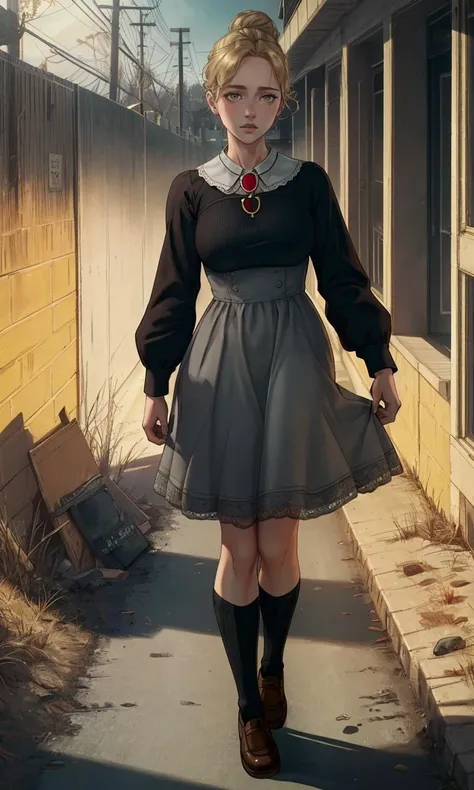 jenror2023, 1girl, 8k, uhd, best quality, trending on arstation, photorealistic, masterpiece, raw image, skin pores, detailed skin, hazel eyes, grey dress, hair bun, blonde, black high socks, brown shoes, red pendant, walking in haunted school, vibrant colors