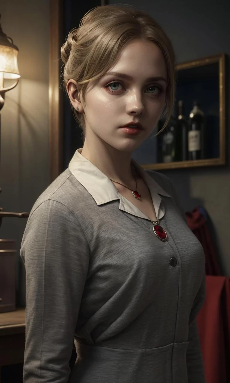 closeup photo, focus on eyes, jenror2023, 1girl, 8k, uhd, best quality, trending on arstation, photorealistic, masterpiece, raw image, skin pores, detailed skin, hazel eyes, old haunted house, dark, dramatic lighting, night, indoors, horror \(theme\), 1930s \(style\), top bun, red pendant, white collar,