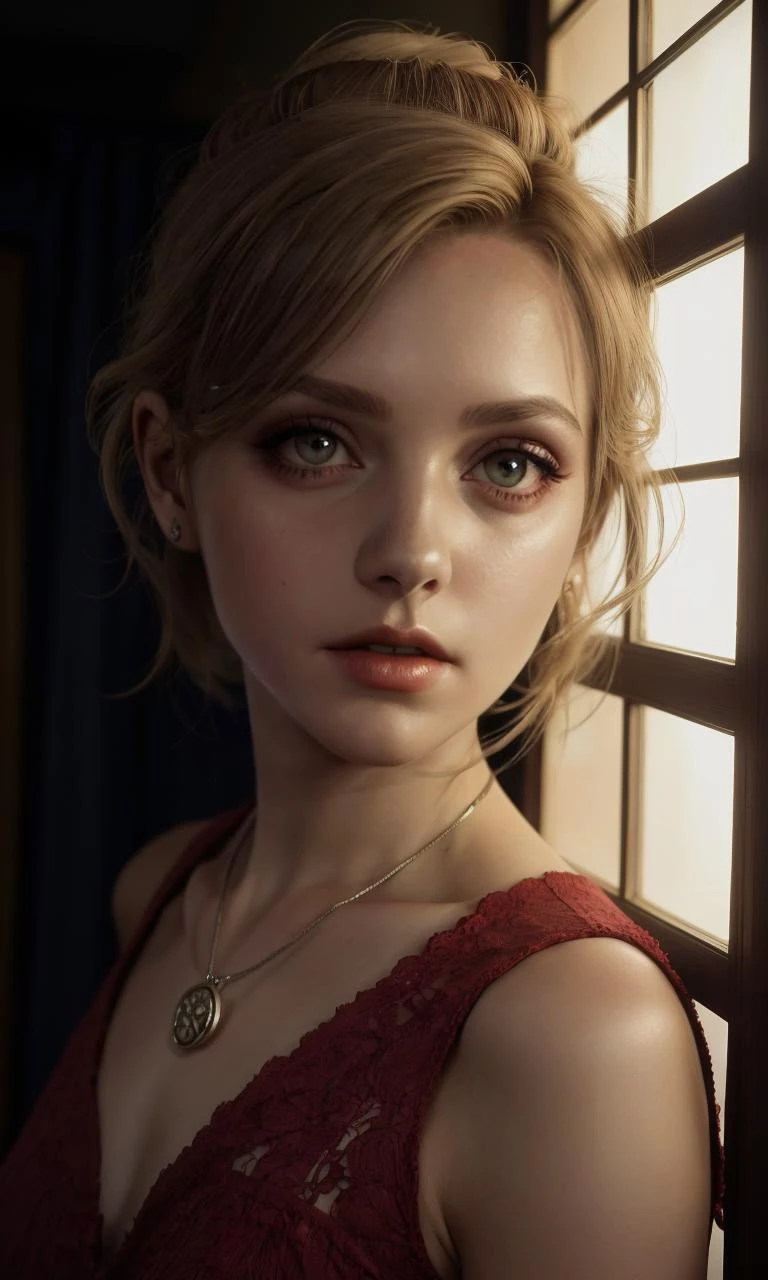 closeup photo, focus on eyes, jenror2023, 1girl, 8k, uhd, best quality, trending on arstation, photorealistic, masterpiece, raw image, skin pores, detailed skin, hazel eyes, old haunted house, dark, dramatic lighting, night, indoors, horror \(theme\), 1930s \(style\), top bun, red pendant, white collar,