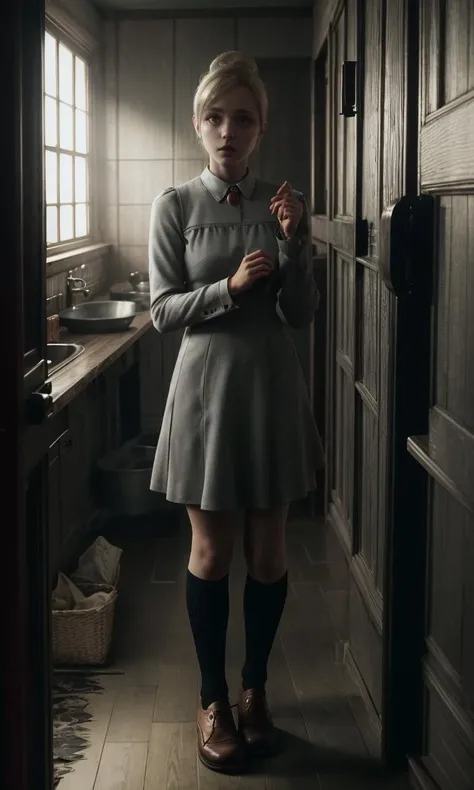 jenror2023, 1girl, 8k, uhd, best quality, trending on arstation, full body, photorealistic, masterpiece, raw image, skin pores, detailed skin, 5 fingers, grey dress, top bun hair, blonde, black high socks, brown shoes, red pendant, hazel eyes, old haunted house, dark, dramatic lighting, night, indoors, horror \(theme\),