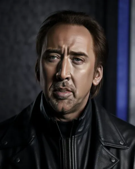 <lora:2000sNicholasCageDogu:0.7>, Nicholas Cage, solo, looking at viewer, closed mouth, close up shot, face detailed, leather jacket, grey background, simple background, dark background,  kkw-ph1, <lora:more_details:0.7>, <lora:LowRA:1>