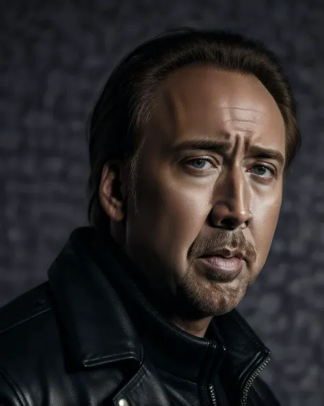 <lora:2000sNicholasCageDogu:0.7>, Nicholas Cage, solo, looking at viewer, closed mouth, close up shot, face detailed, leather jacket, grey background, simple background, dark background,  kkw-ph1, <lora:more_details:0.7>, <lora:LowRA:1>