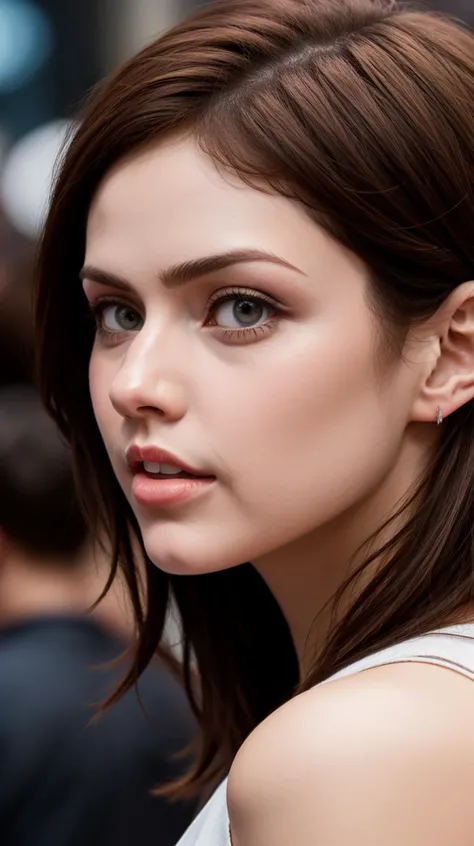 alexandradaddario , solo, looking at viewer, closed mouth, upper body, crowd background, bokeh background, deep of field, kkw-ph1