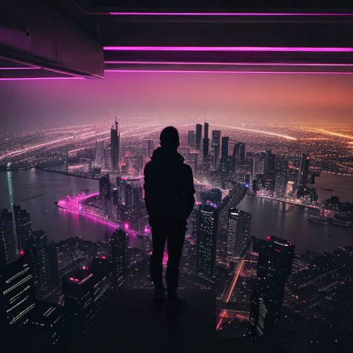 Person overlooking cityscape, magenta skyline, night view, futuristic city, high-rise buildings, city lights, urban exploration, backlit figure, illuminated streets, neon glow, contemplative stance, silhouette, metropolitan, cyberpunk vibes, moody atmosphere, twilight, glowing horizon, modern architecture, urban night, city life, anonymous figure, electric ambiance, dramatic perspective, high vantage point, contemplation, vibrant city, dense urban core, haze, atmospheric mood.