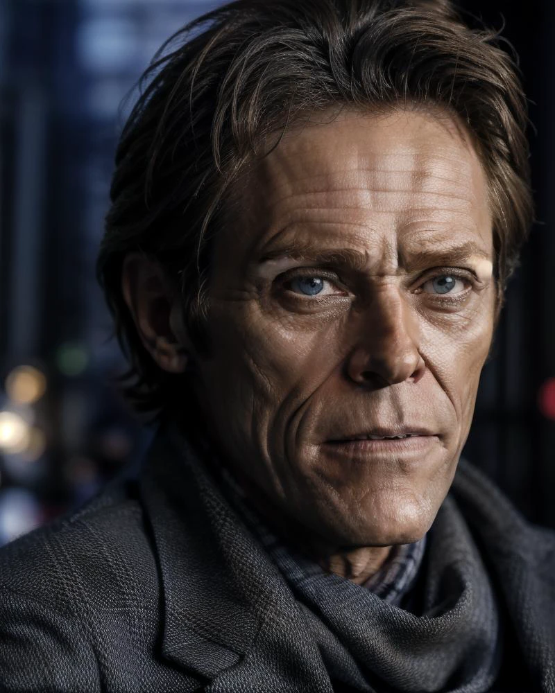<lora:Willem_Dafoev1:0.6>, Willem Dafoe, solo, looking at viewer, closed mouth, close up shot, face detailed, scarf, suit, grey background, simple background, dark background, kkw-ph1, <lora:more_details:0.5>, <lora:LowRA:1>