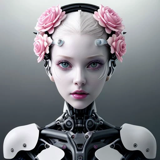 Female android head, white skin, mechanical parts, visible gears, floral adornment, pink rose, white lily, blue flower, purple flower, leafy greenery, red eye, eyelashes, parted lips, reflective surface, black background, futuristic design, artificial beauty, advanced technology, cybernetic organism, human-robot hybrid aesthetics, elegant, serene expression, high contrast lighting, delicate features, sophisticated machinery.