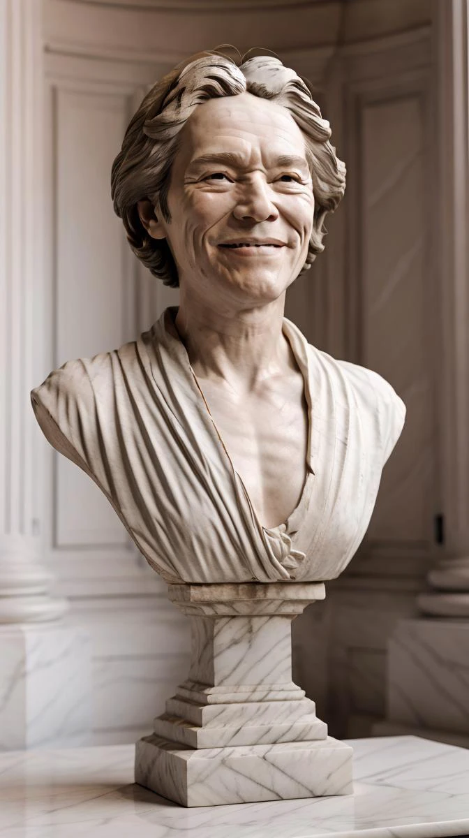 <lora:Willem_Dafoev1:0.9> willedafman as marble bust <lora:MarbleBust:0.7>, mad smiling, statue, sculpted hair, white marble, carrara marble