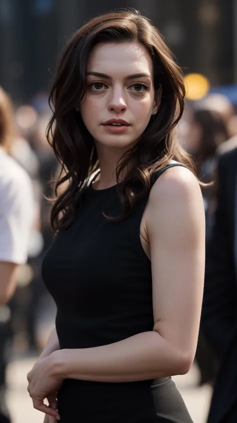 4nn3h4th4w4y , solo, looking at viewer, closed mouth, upper body, crowd background, bokeh background, deep of field, kkw-ph1