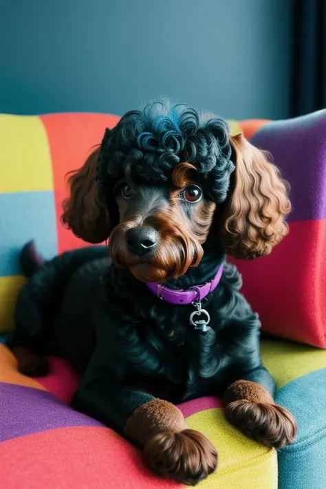 best quality, 4k, 8k, ultra high res, photograph, sharp focus, intricate texture, black toy poodle sitting happily