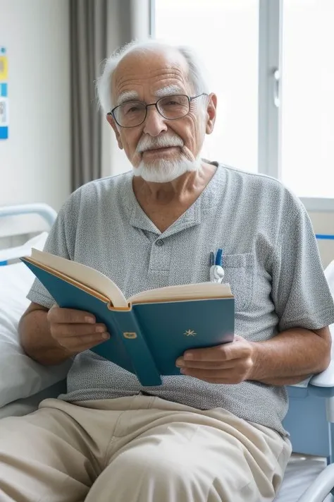 a cute old man in hospital bed reading a book, realistic, ultrasharp, Nikon D3500, potrait shot, realism